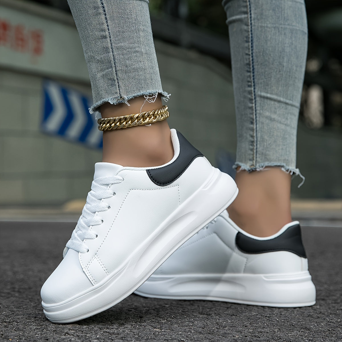 Women's Leather Low Top Sneakers - Everyday Comfort, UrbanStride White and Black