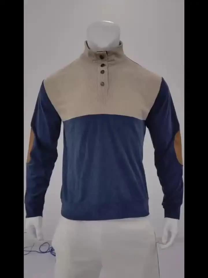 Men’s Ribbed Pullover Sweater - Quarter Button - Stand Collar - Long Sleeve - Elbow Patches