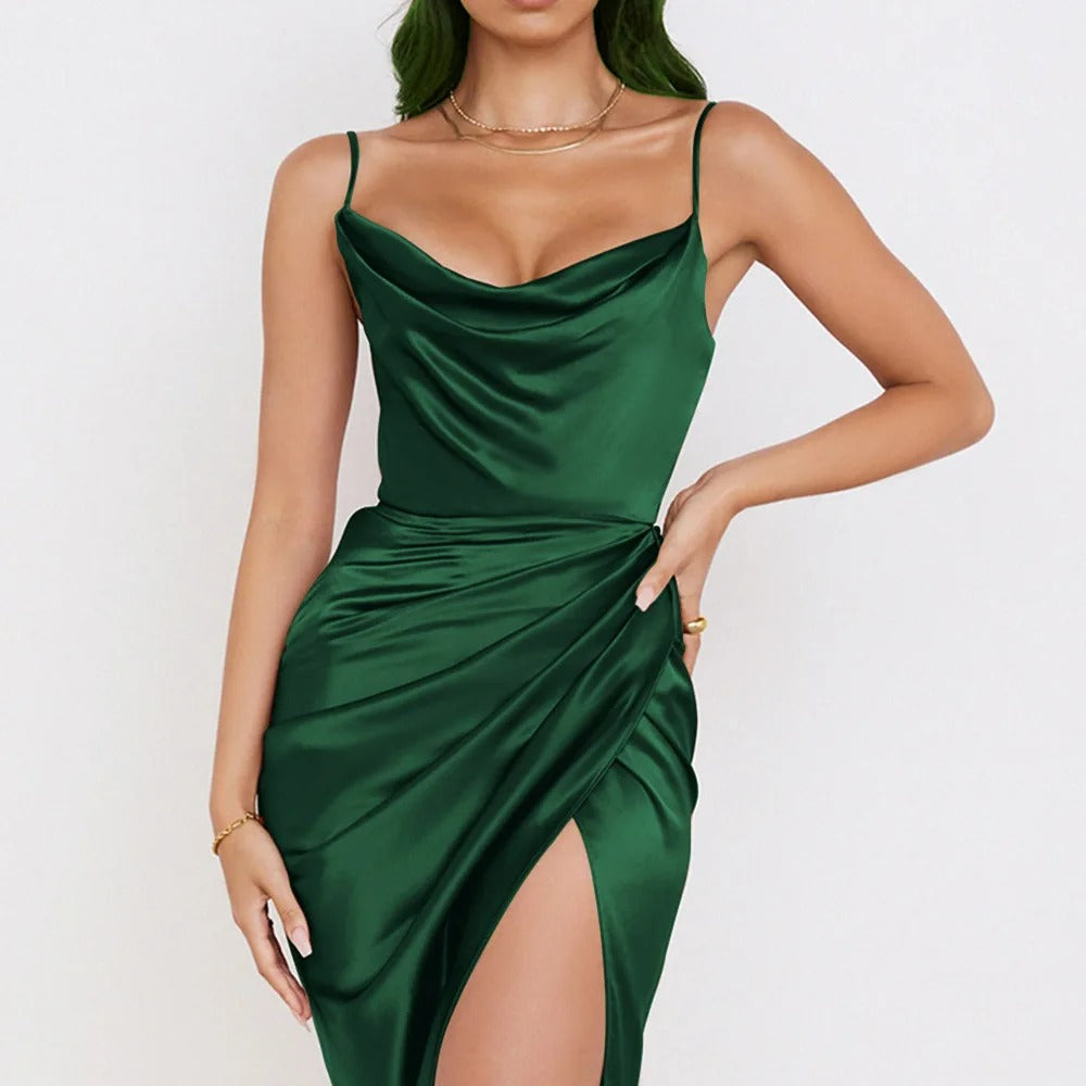 Women's Satin Mini Dress Cowl Neck High Slit - EveningMuse