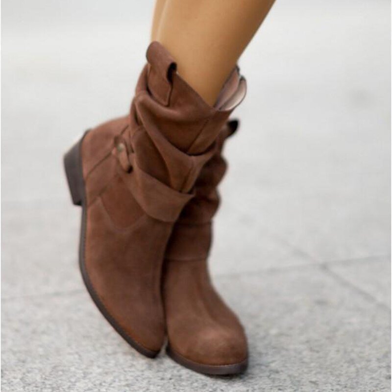 Women's Suede Ankle Boots Low Heel Slouchy Foldable - UrbanStride Dark Brown