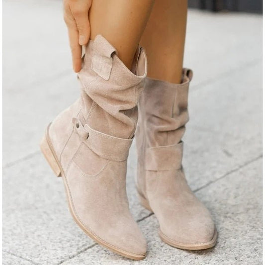 Women's Suede Ankle Boots Low Heel Slouchy Foldable - UrbanStride Beige