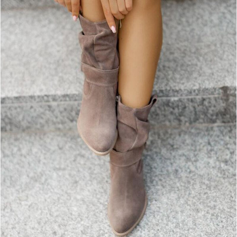 Women's Suede Ankle Boots Low Heel Slouchy Foldable - UrbanStride