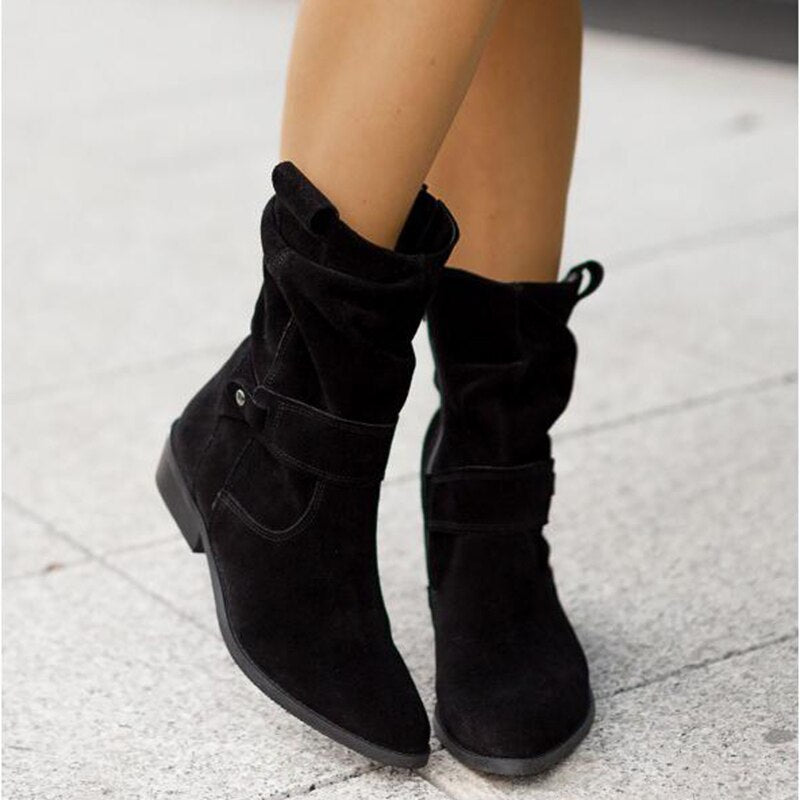 Women's Suede Ankle Boots Low Heel Slouchy Foldable - UrbanStride Black