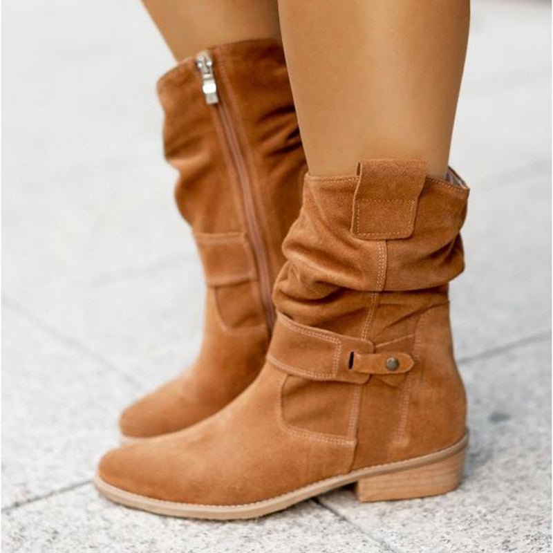 Women's Suede Ankle Boots Low Heel Slouchy Foldable - UrbanStride Light Brown