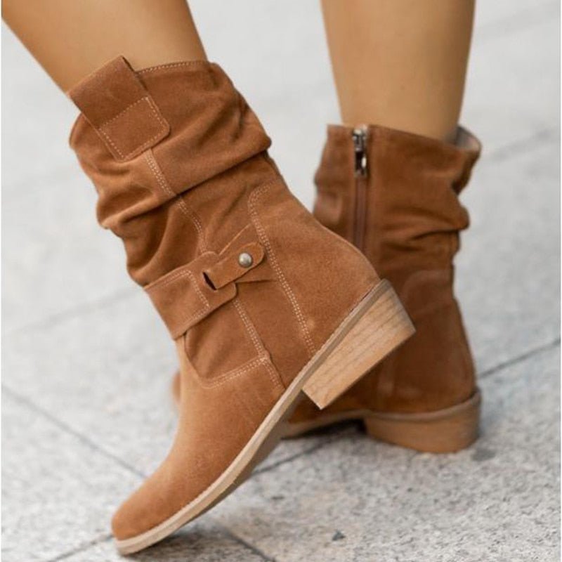 Women's Suede Ankle Boots Low Heel Slouchy Foldable - UrbanStride
