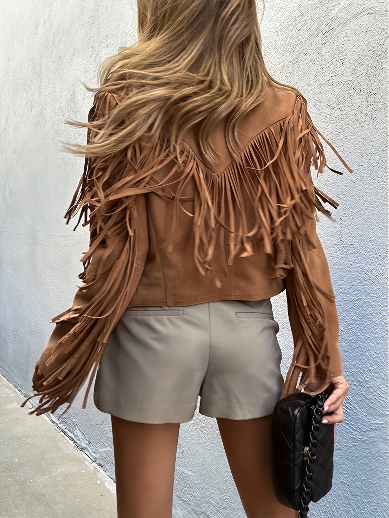Women's Suede Fringe Jacket - Boho Western Notched Lapel - Desert Rose