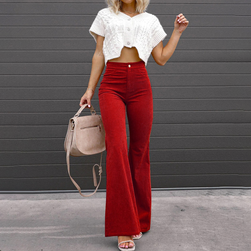 Women's High-Waisted Flared Pants Soft Vintage Style - RetroFlare Crimson red