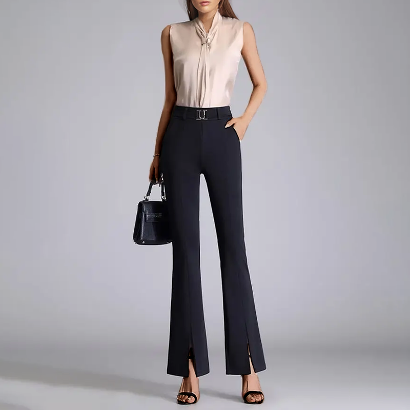 Women's High-Waisted Flared Pants Belted Elegant Design - CityChic