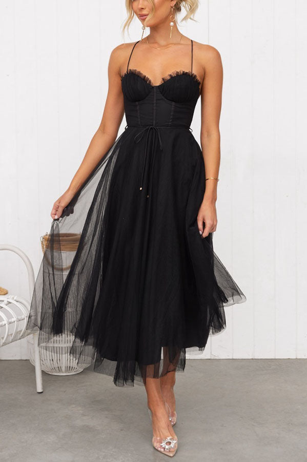 Women's Chiffon Maxi Dress - Elegant Flowy Tulle Overlay - GalaGown