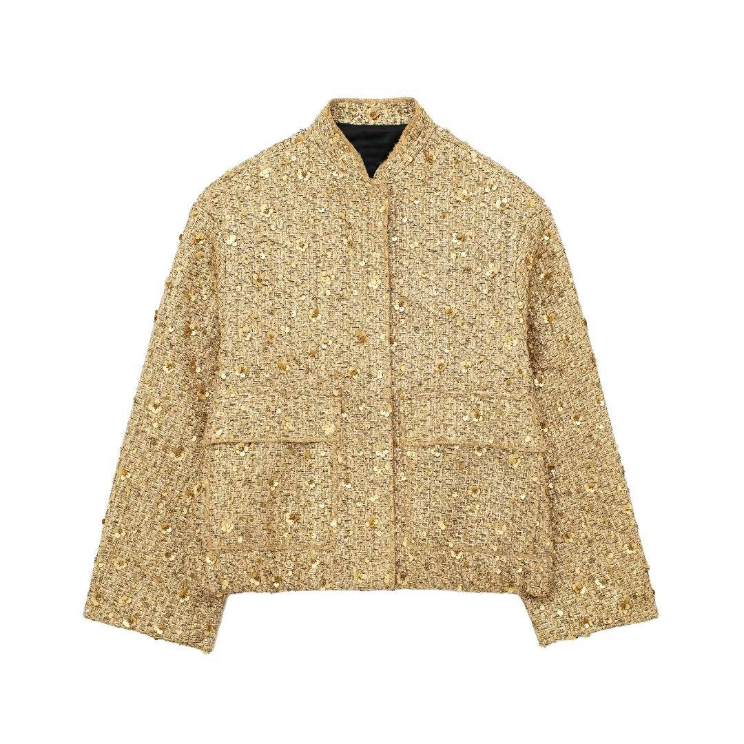 Women's Sequin Bomber Jacket - Cropped Relaxed Fit, Statement Style - SparkleBomber Gold