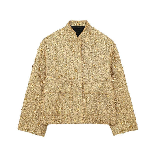 Women's Sequin Bomber Jacket - Cropped Relaxed Fit, Statement Style - SparkleBomber Gold