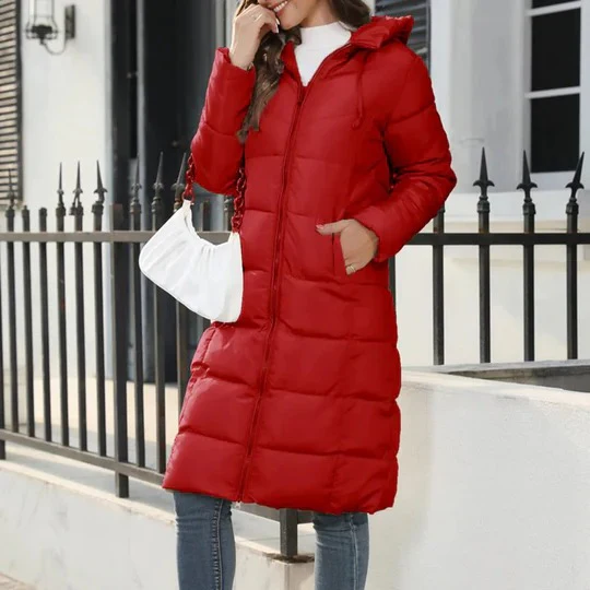 Women's Lightweight Hooded Down Jacket Full Length - WinterEase Red