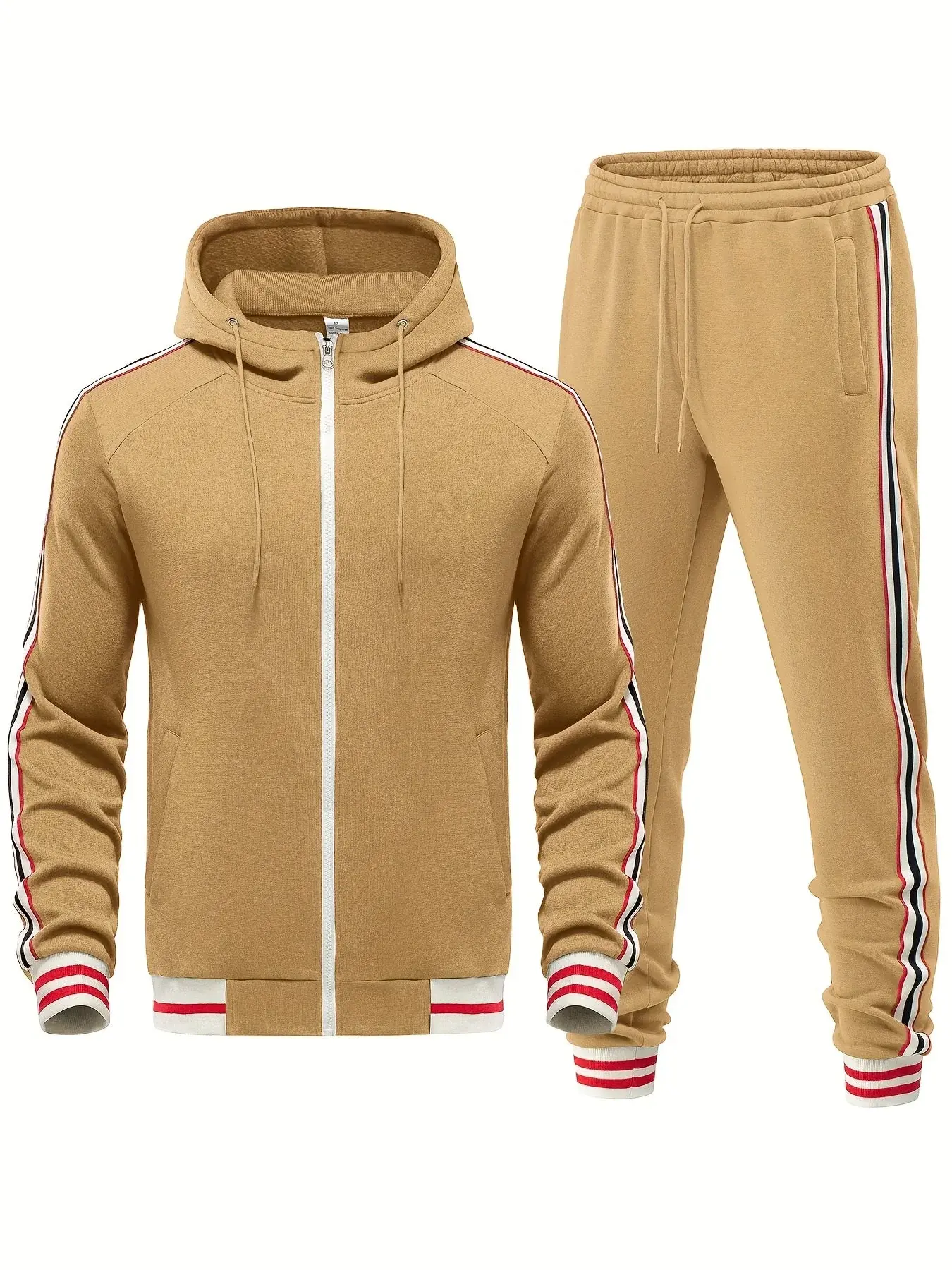 Men’s Tracksuit Set – Slim Fit Hooded Zip Jacket – Tapered Joggers – Striped Trim Khaki