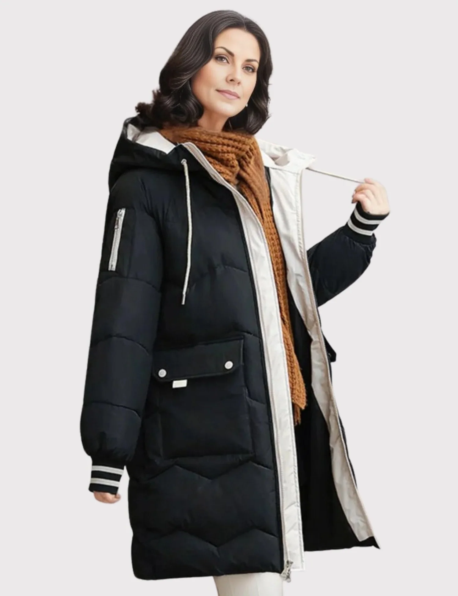 Women's Quilted Knee-Length Coat with Hood - WinterCharm Black