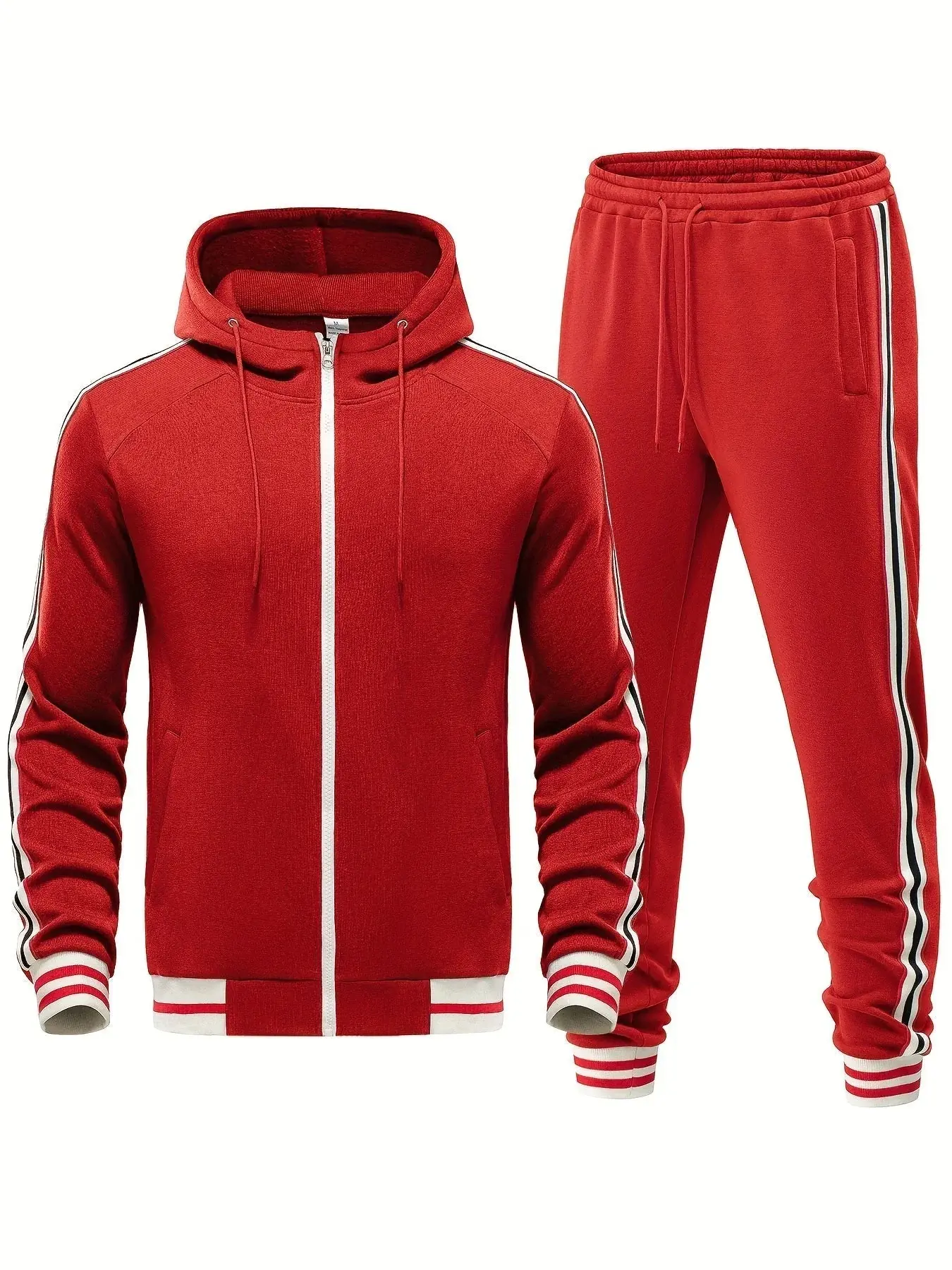 Men’s Tracksuit Set – Slim Fit Hooded Zip Jacket – Tapered Joggers – Striped Trim Red