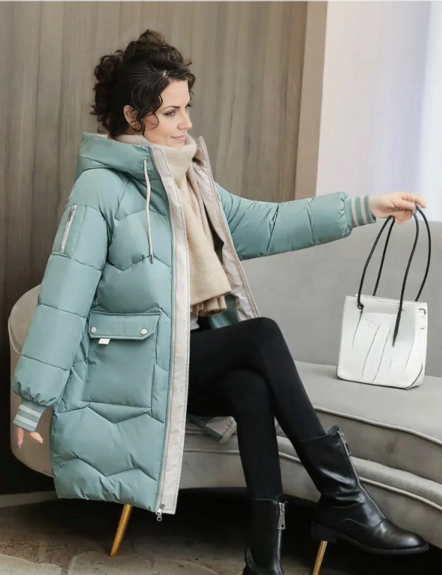 Women's Quilted Knee-Length Coat with Hood - WinterCharm Light Blue