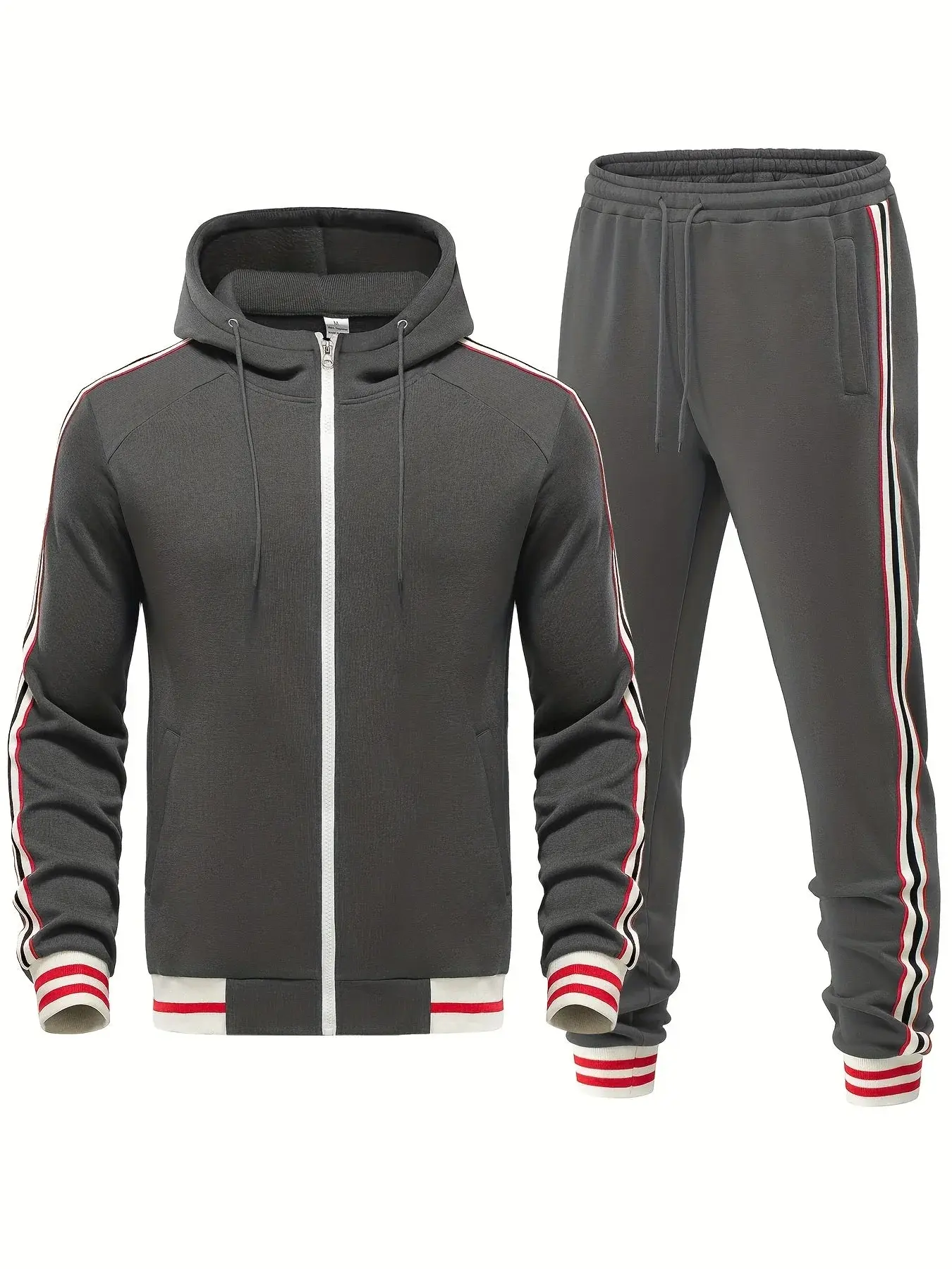 Men’s Tracksuit Set – Slim Fit Hooded Zip Jacket – Tapered Joggers – Striped Trim Gray