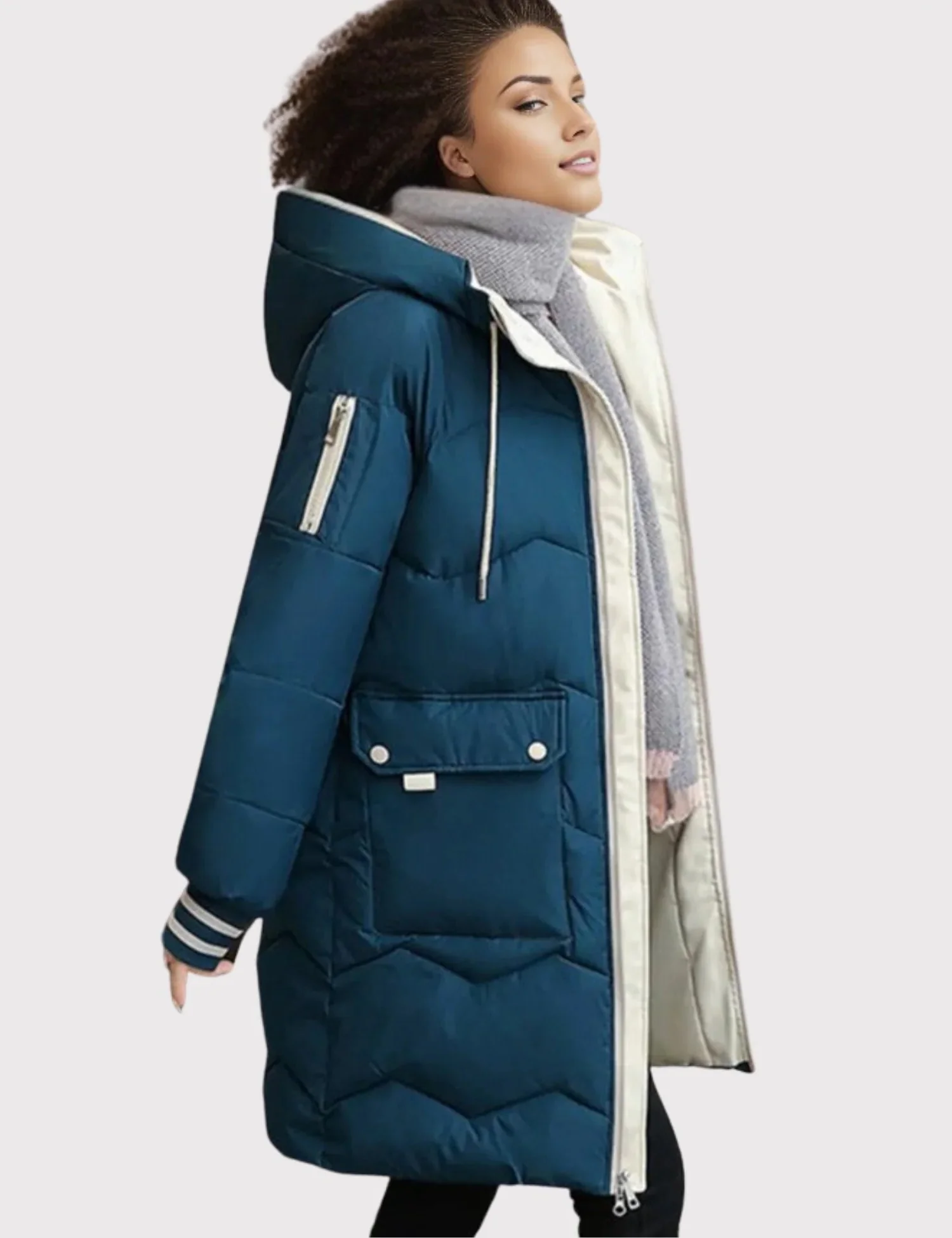 Women's Quilted Knee-Length Coat with Hood - WinterCharm Blue