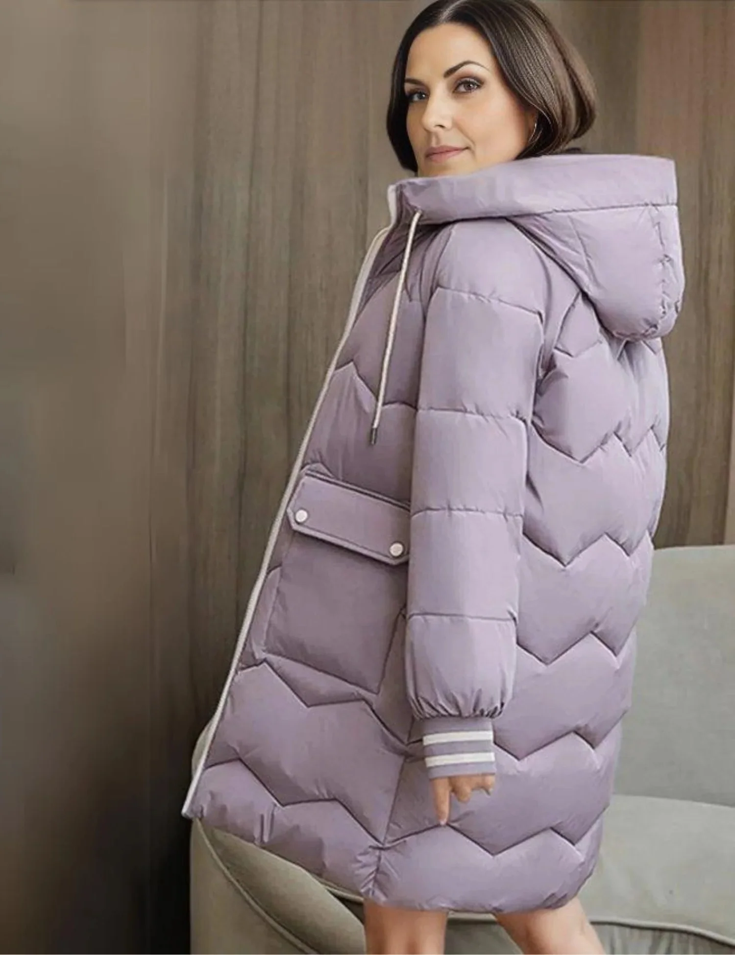 Women's Quilted Knee-Length Coat with Hood - WinterCharm Purple