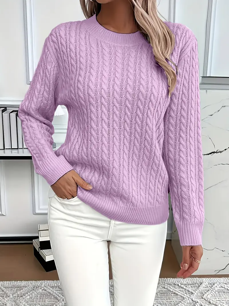 Women’s Sweatshirt – Classic Fit – Cable Knit Look – Long Sleeve – Wool Touch Purple