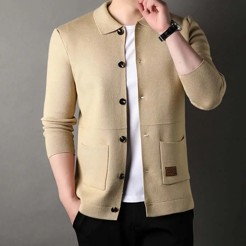 Men’s Cardigan – Slim Fit Knitwear – Classic Collar – Button Front – Ribbed Trim Beige