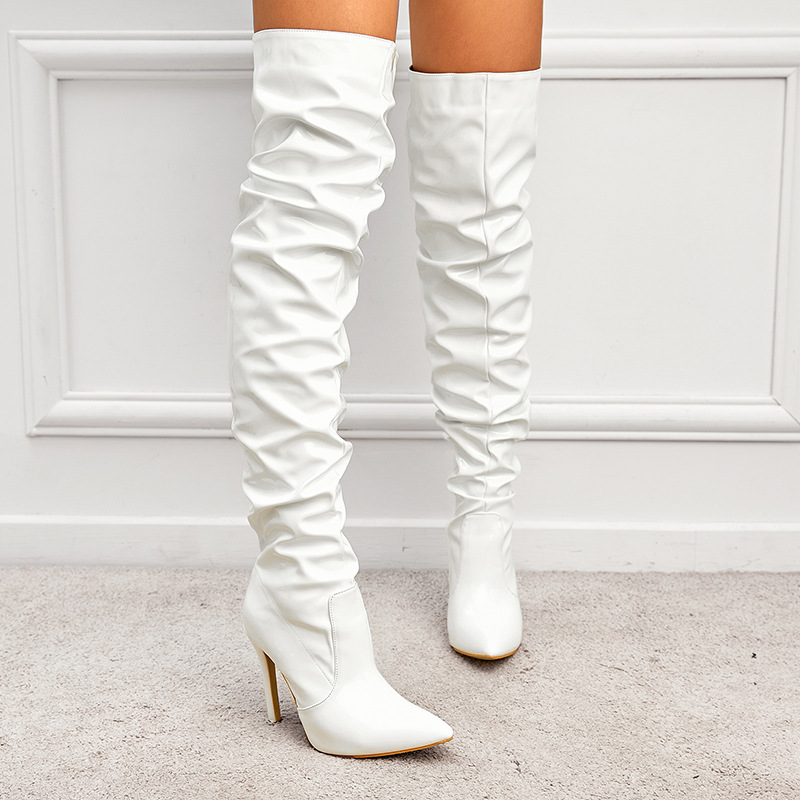 Women's Patent Leather Over-the-Knee Stiletto Boots - UrbanEdge White