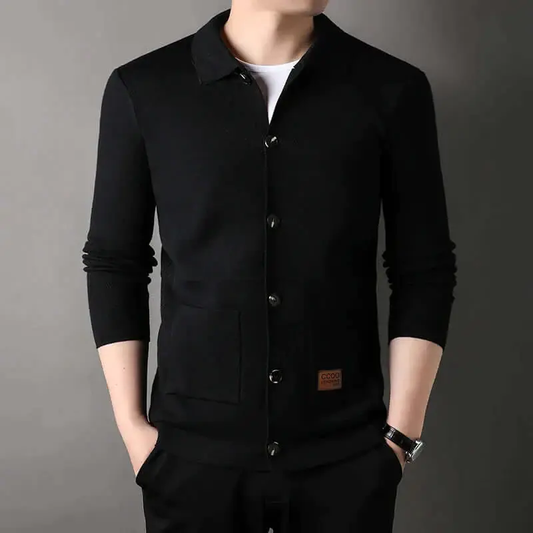 Men’s Cardigan – Slim Fit Knitwear – Classic Collar – Button Front – Ribbed Trim Black