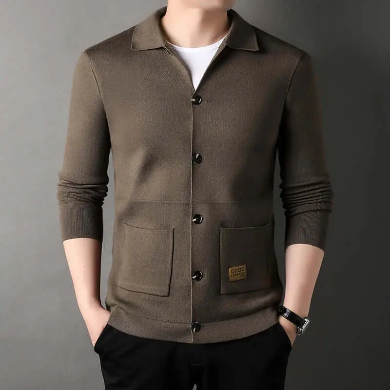 Men’s Cardigan – Slim Fit Knitwear – Classic Collar – Button Front – Ribbed Trim Brown