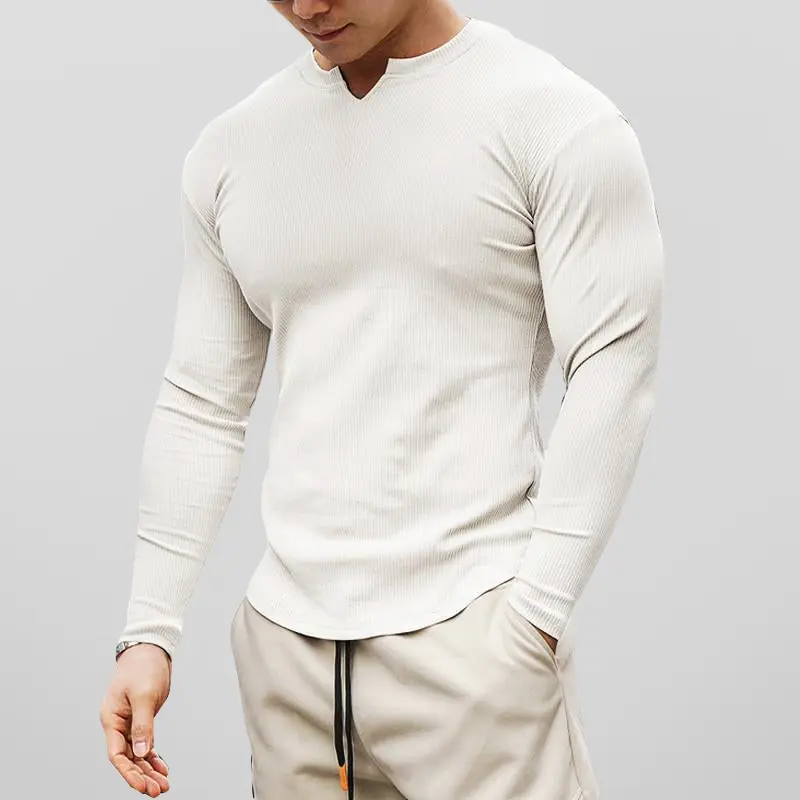 Men’s Henley Shirt - Ribbed Knit - Slim Fit - Long Sleeve Casual Wear White