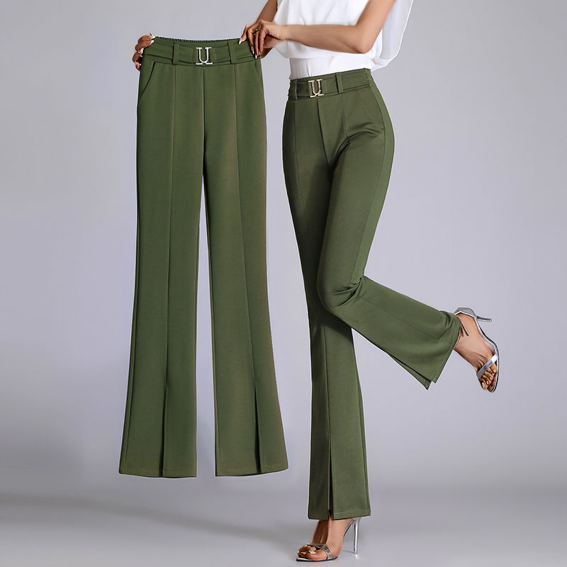 Women's High-Waisted Flared Pants Belted Elegant Design - CityChic Green