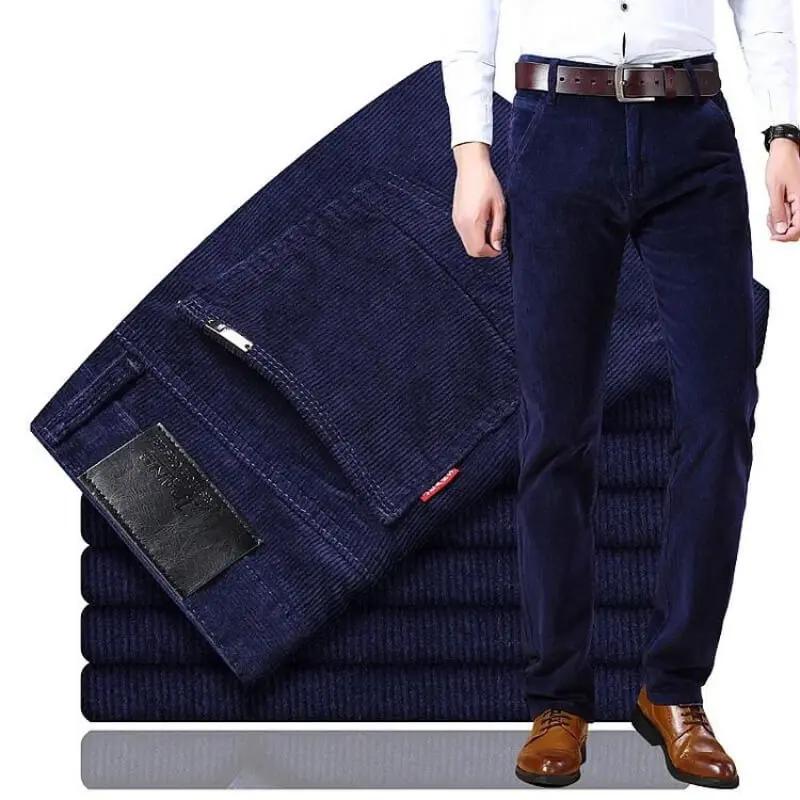 Men’s Corduroy Trousers – Tailored Fit – Straight Leg – Full Length – Button Waist Dark Blue