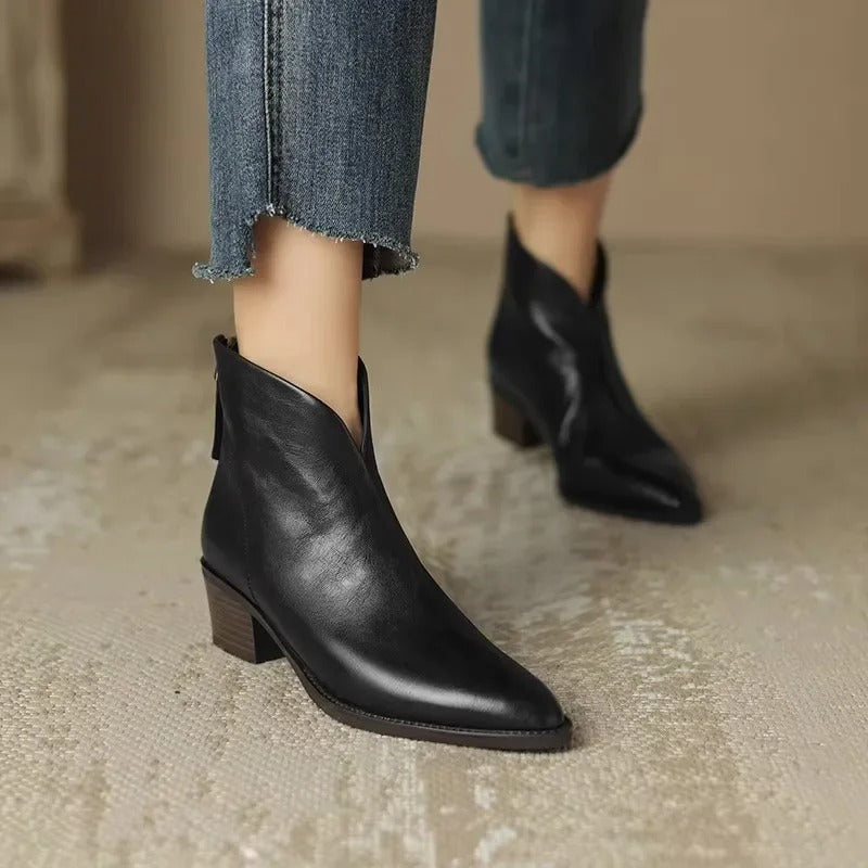 Women's Genuine Leather Ankle Boots Elegant Pointed Toe - UrbanStride Black