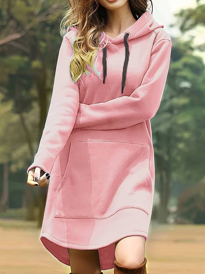 Women's Relaxed Fit Hoodie Dress with Pocket - ComfortChic Pink