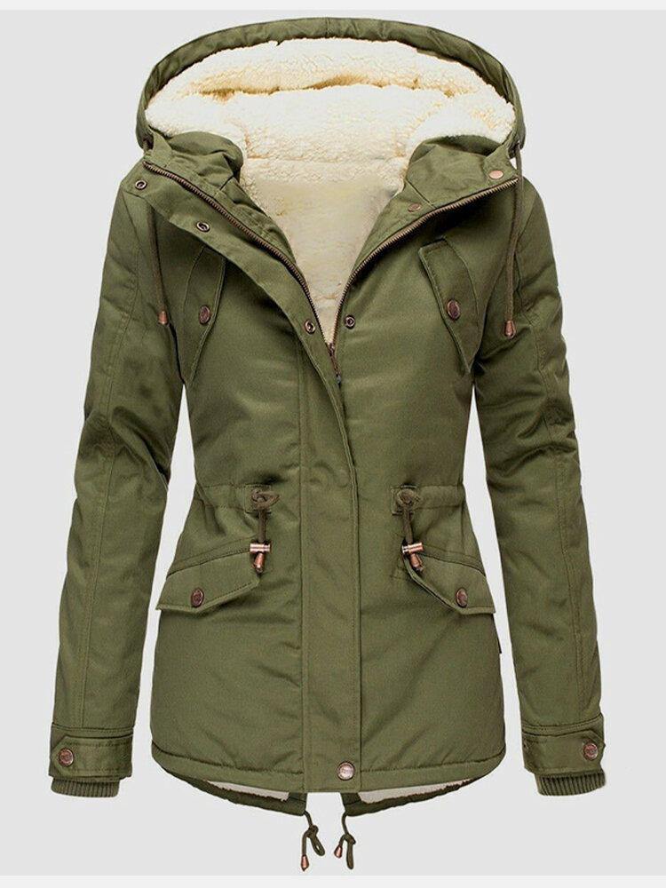 Women's Fleece Lined Hooded Jacket - Tailored Fit - UrbanWarm Army green