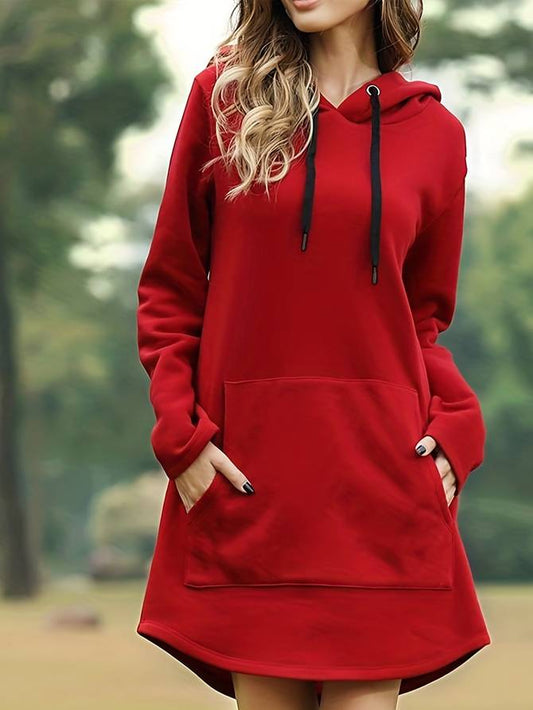 Women's Relaxed Fit Hoodie Dress with Pocket - ComfortChic Red