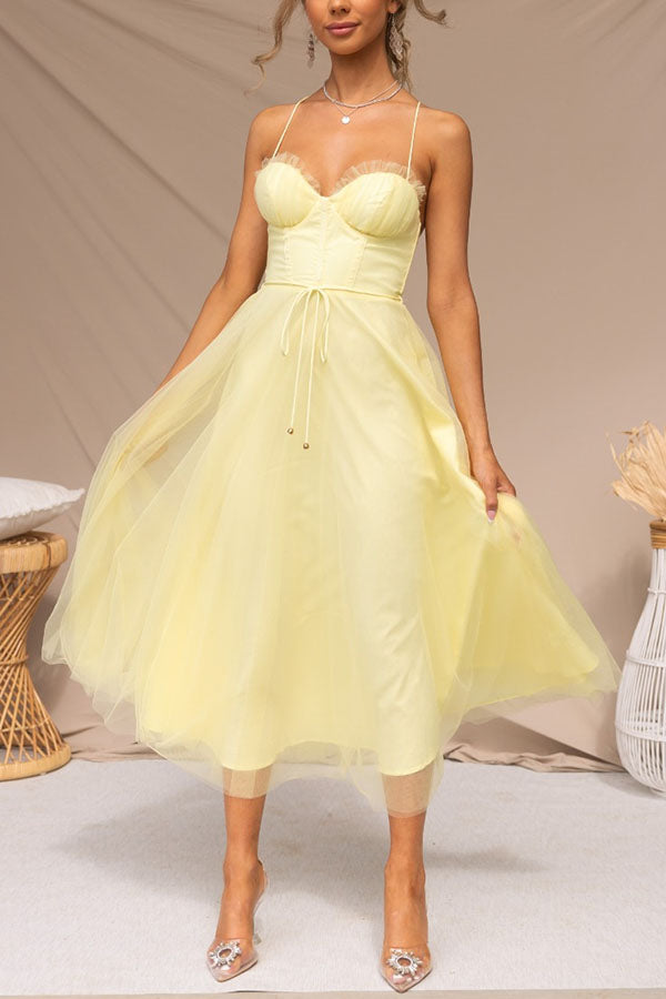 Women's Chiffon Maxi Dress - Elegant Flowy Tulle Overlay - GalaGown Yellow