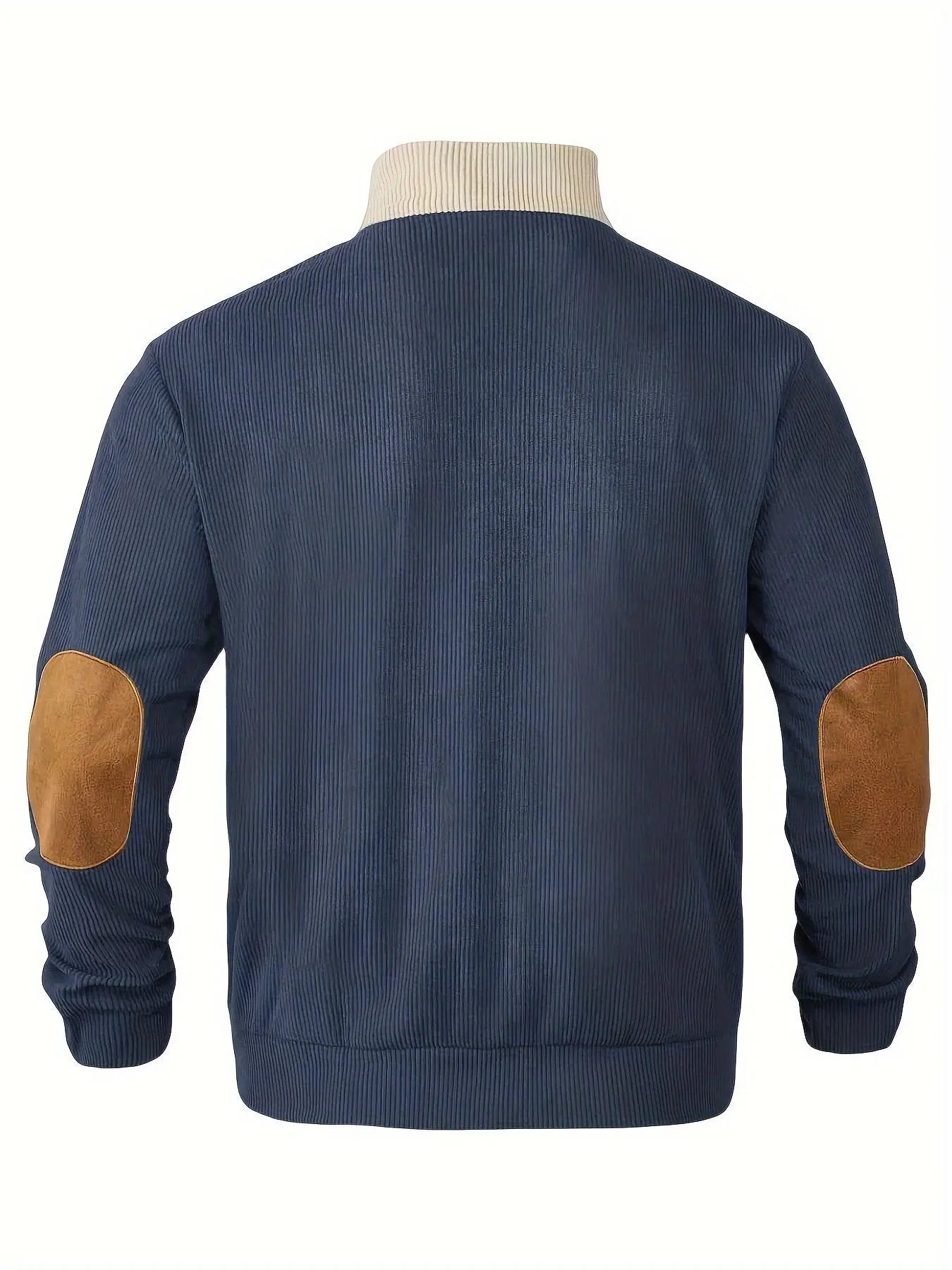 Men’s Ribbed Pullover Sweater - Quarter Button - Stand Collar - Long Sleeve - Elbow Patches