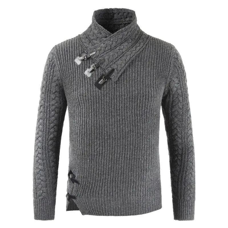Men’s Pullover Sweater – Slim Fit – Wool Blend – Asymmetric Neckline – Buckle Detail Dark Gray