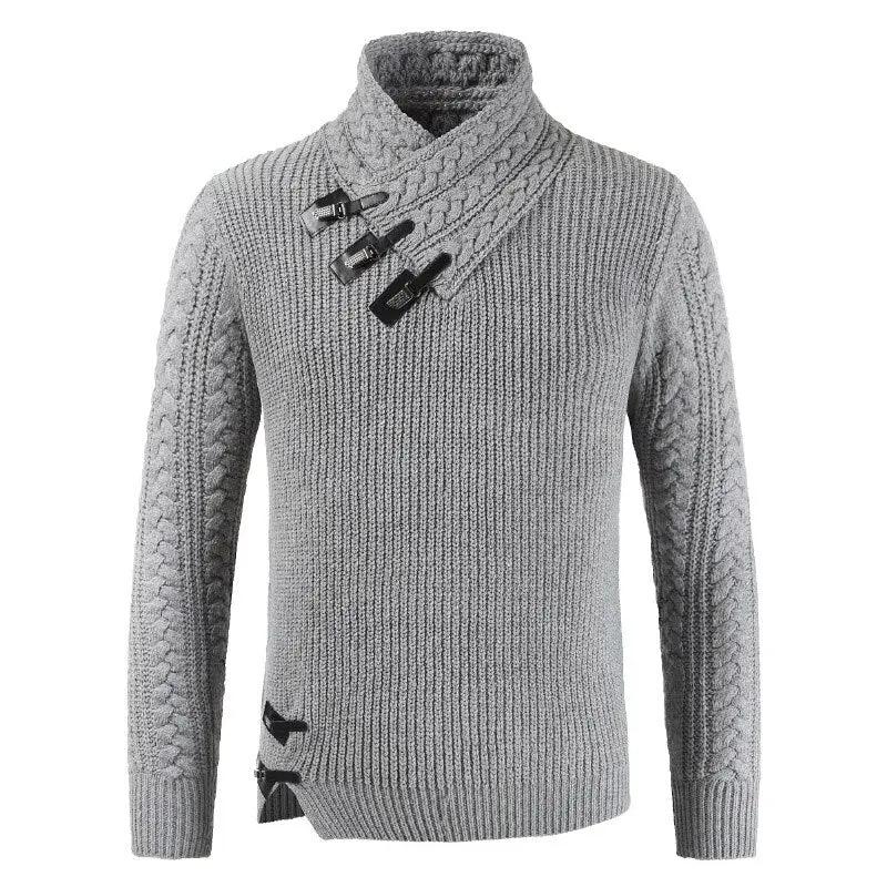 Men’s Pullover Sweater – Slim Fit – Wool Blend – Asymmetric Neckline – Buckle Detail Light Gray
