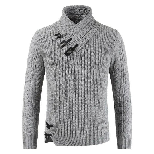 Men’s Pullover Sweater – Slim Fit – Wool Blend – Asymmetric Neckline – Buckle Detail Light Gray