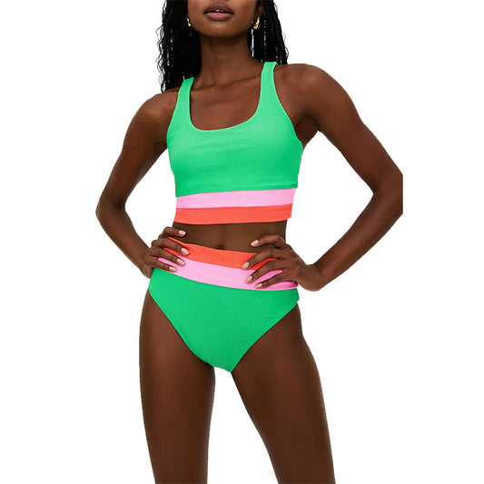 Women’s Bikini Set – Sporty Tank Top – High Waisted – Ribbed Stretch Fit – Moderate Coverage Green