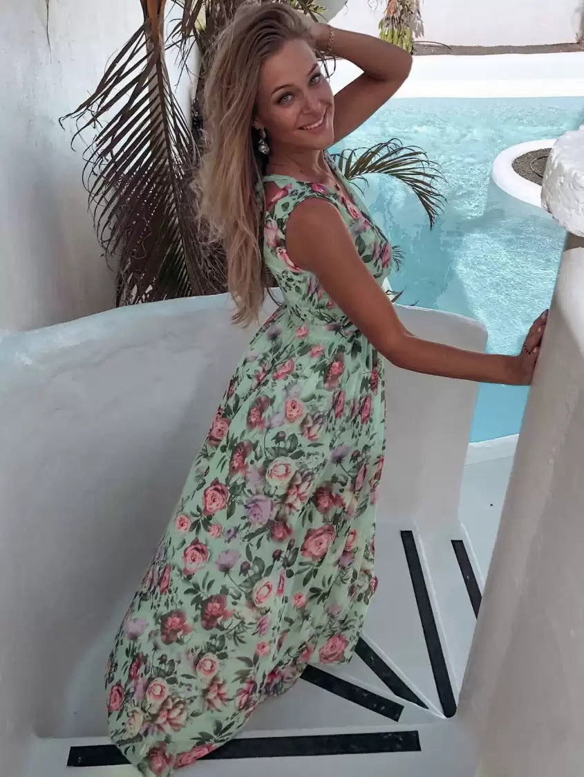 Women's Summer Maxi Dress Vibrant Print - SunDress Green