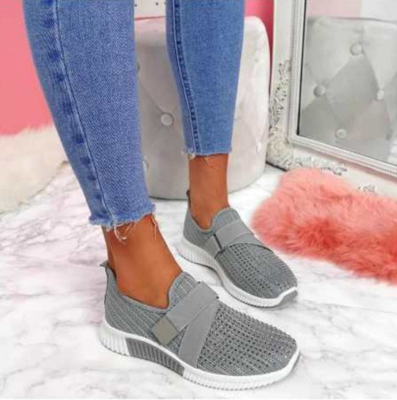 Women's Knit Slip-On Sneakers Velcro Strap - UrbanStride Grey