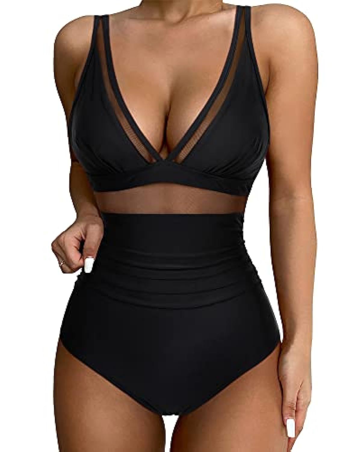 Women's Mesh Panel One-Piece Swimsuit - Flattering High-Cut - SeaSculpt