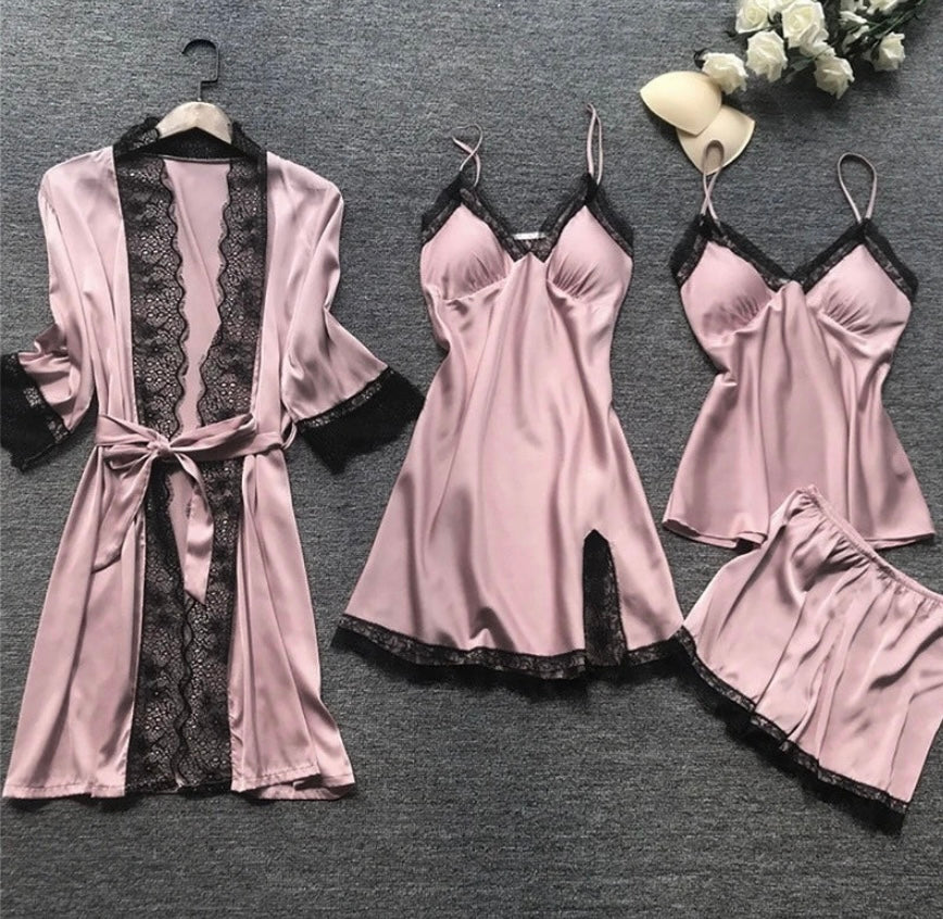 Women's Satin 5-Piece Sleepwear Set - Luxe Lace Trim - SatinDreams Pink
