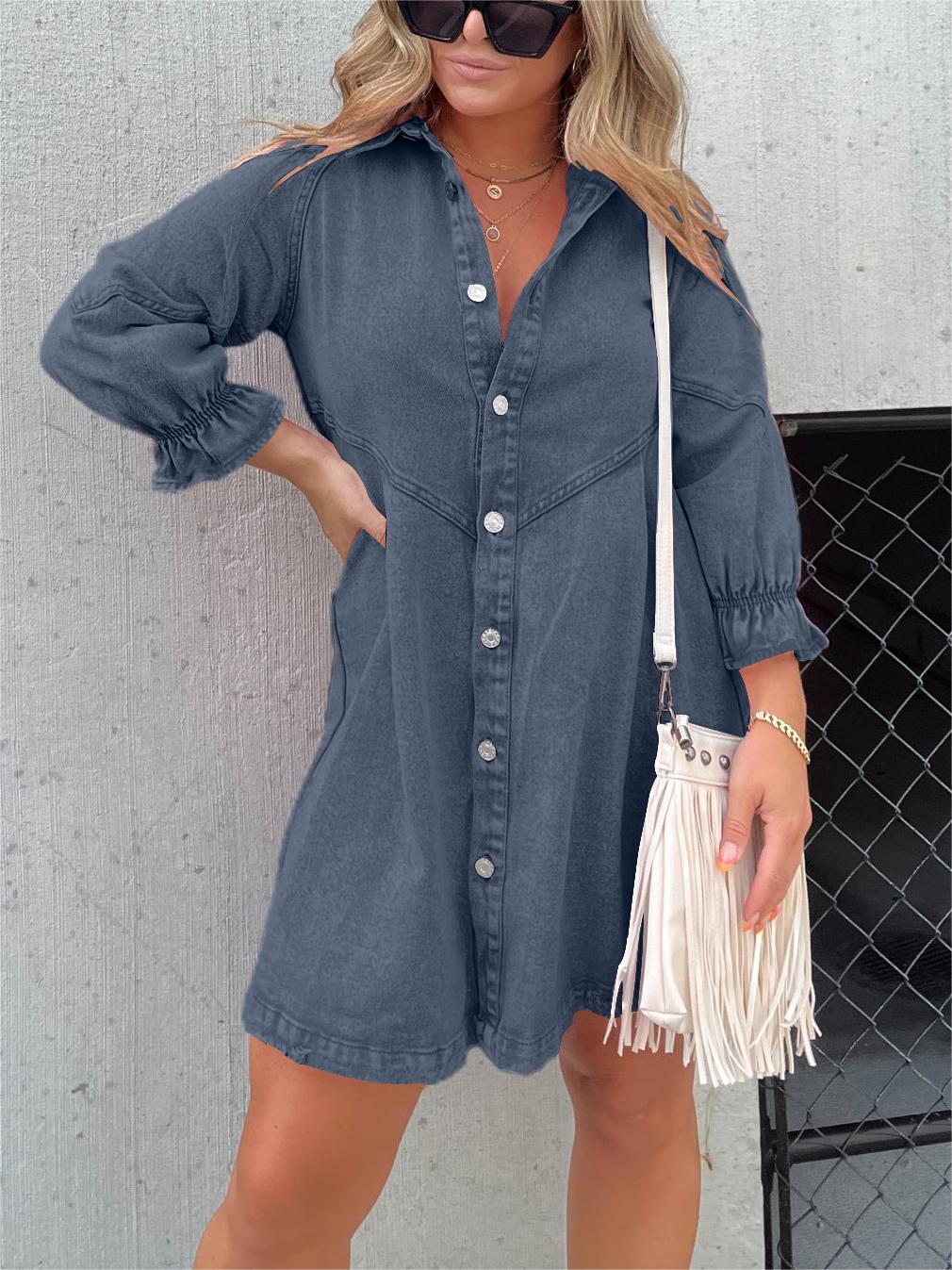 Women's Denim Mini Dress - Puff Sleeve Button-Down - DenimDaze Grey