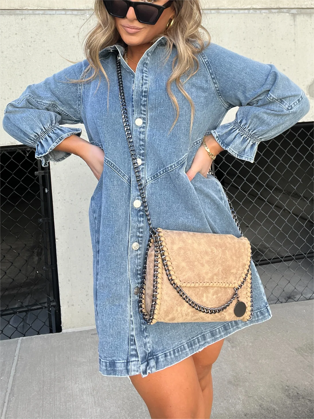 Women's Denim Mini Dress - Puff Sleeve Button-Down - DenimDaze Blue