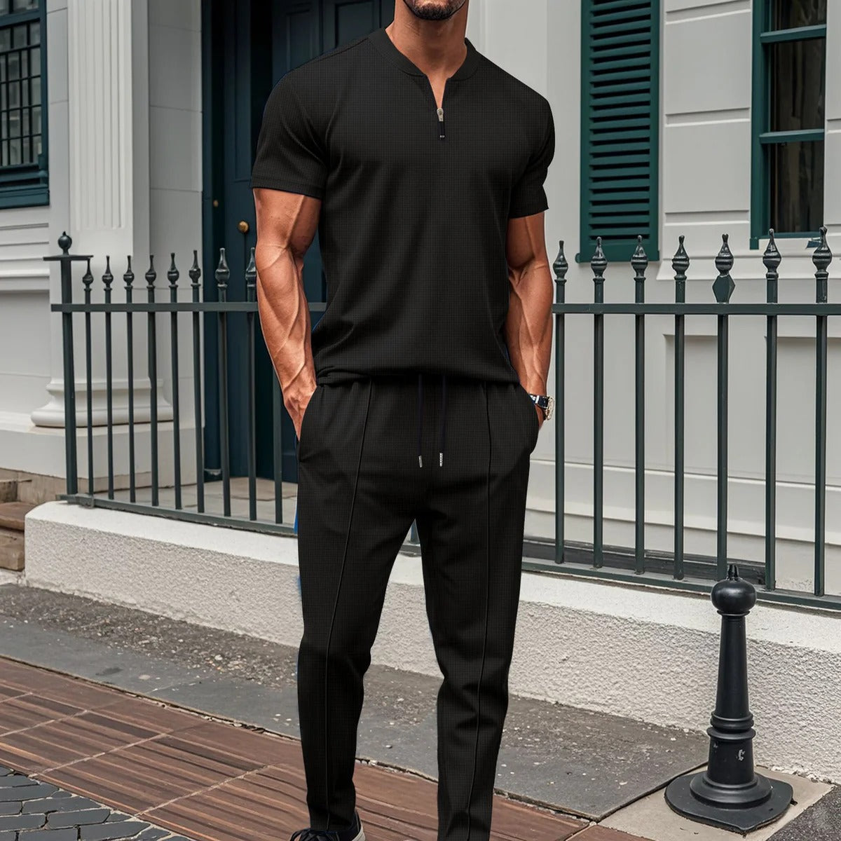 Men’s Fitness Set – Slim Fit – Stretch Fabric – Zipped Top and Joggers Black