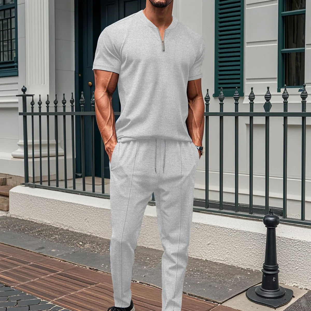 Men’s Fitness Set – Slim Fit – Stretch Fabric – Zipped Top and Joggers Grey