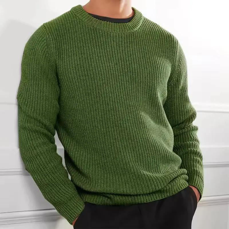 Men’s Knitted Sweater – Regular Fit – Wool Blend – O-Neck Ribbed Casual Pullover Green